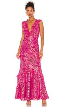 SALONI Rita Dress Magenta Metallic | shimmering ruffle-trim maxi