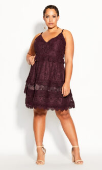 Nouveau Lace Dress – plum – The dainty, delicately laced & feminine Nouveau Lace Dress is a destined to be your next wardrobe favorite. With a flattering and timeless fit & flare silhouette, this gorgeous dress is sure to make your curves shine at your next event.