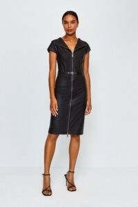 KAREN MILLEN Stretch Leather Bardot Dress / zip through dresses / LBD