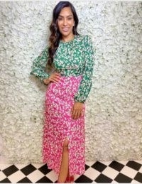 FOREVER UNIQUE Two-Tone Floral Print Long Sleeve Maxi Dress / green and pink block dresses
