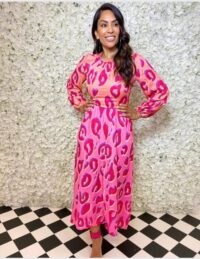 FOREVER UNIQUE Two-Tone Leopard Print Long Sleeve Maxi Dress / orange and pink dresses
