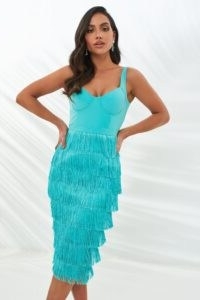 Lavish Alice underwired fringe midi dress in aqua | fitted bodice dresses | fringed tiers | tiered fringing