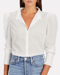 VERONICA BEARD Holli Cotton Button-Down Shirt | white ruffle trimmed feminine look shirts