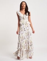 FOREVER UNIQUE White And Green Floral Cape Sleeved Ruffle Maxi Dress / long romantic summer event dresses