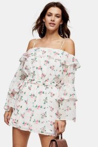 TOPSHOP White Floral Print Bardot Playsuit / strappy cold shoulder tie-back playsuits