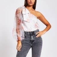 River Island White floral print one shoulder organza top | sheer sleeve tops