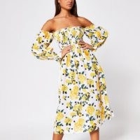 RIVER ISLAND White floral shirred bardot midi dress / off the shoulder dresses / yellow fower prints