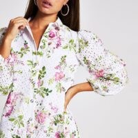 River Island White long sleeve floral broderie mini dress | feminine shirt dresses