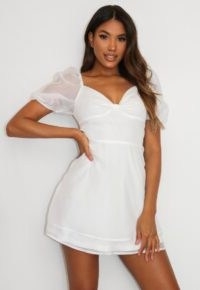 Missguided white organza knot front a line dress | sheer puff sleeved dresses