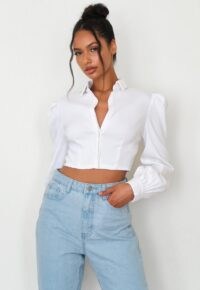 Missguided white poplin puff sleeve cropped shirt