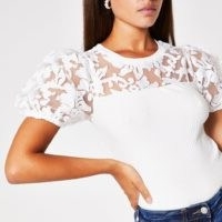 RIVER ISLAND White short sleeve organza puff sleeve top / semi sheer tops