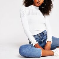 River Island White tripple frill puff sleeve top | rib knit tops