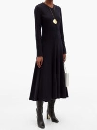 JIL SANDER Wool-jersey midi dress ~ navy-blue long sleeved dresses for autumn