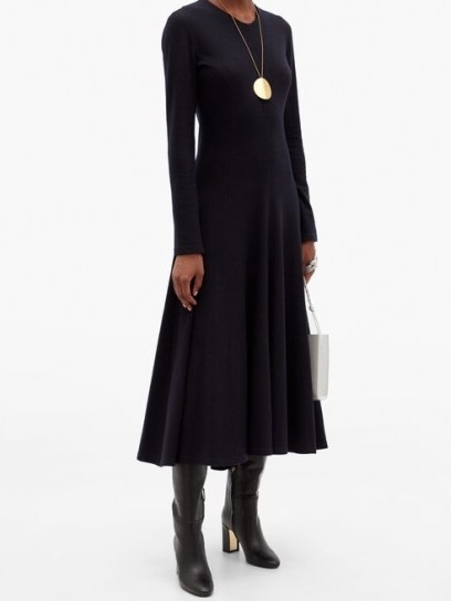 JIL SANDER Wool-jersey midi dress ~ navy-blue long sleeved dresses for autumn