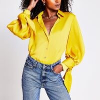 River Island Yellow long sleeve tie cuff shirt | bright balloon sleeved shirts