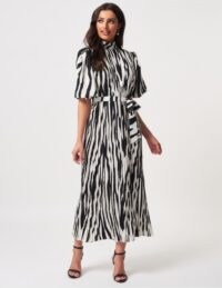 FOREVER UNIQUE Zebra Striped Short Sleeve Midi Dress / black and white stripes / monochrome dresses