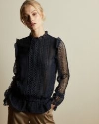 COMSEE Zip up lace top dark blue ~ frill trimmed sheer-sleeved tops