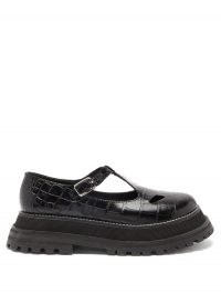 BURBERRY Aldwych crocodile-effect leather T-bar flats / croc embossed flat t-bar shoes / chunky sole