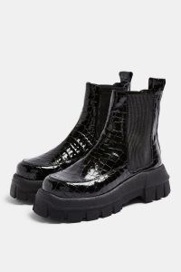 TOPSHOP ALPHA Black Crocodile Chunky Chelsea Boots / thick sole croc effect leather boot