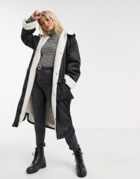 ASOS DESIGN borg lined maxi raincoat in black ~ textured faux fur lined coats ~ longline raincoats ~ autumn outerwear