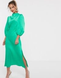 ASOS DESIGN cowl neck satin tea midi dress with puff sleeve in emerald green – slinky vintage look dresses