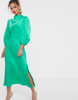 ASOS DESIGN cowl neck satin tea midi dress with puff sleeve in emerald green – slinky vintage look dresses