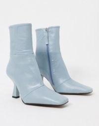 ASOS DESIGN Elodie premium leather square toe heeled boots in pale blue – side zip flared heel boots