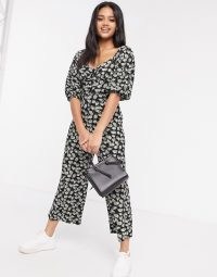 ASOS DESIGN jersey button front cupped tea culotte jumpsuit in dark based daisy / floral jumpsuits