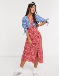 ASOS DESIGN midi tea dress with tie sleeves and buttons in mixed floral print / flower printed colour block dresses