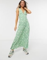 ASOS DESIGN plunge tie shoulder maxi dress in green based ditsy floral print / deep v-neck summer dresses