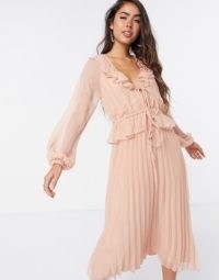 ASOS DESIGN soft pleated midi dress with drawstring waist and frills in blush | light pink ruffle trimmed dresses