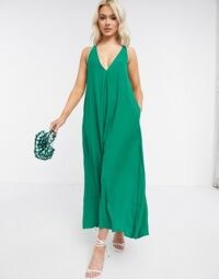 ASOS DESIGN v neck minimal smock jumpsuit in emerald | green relaxed fit wide leg jumpsuits | deep V neckline