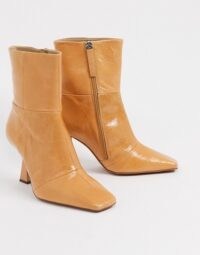 ASOS DESIGN Wide Fit Elodie premium leather square toe heeled boots in natural – angled heel boots