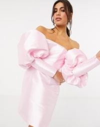 ASOS EDITION satin puff sleeve off shoulder mini dress in pink | oversized statement sleeves | bardot party dresses