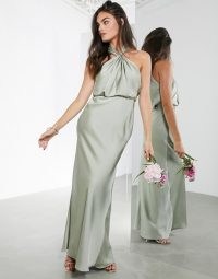 ASOS EDITION satin ruched halter neck maxi dress in sage green ~ occasion wear ~ long party dresses ~ halterneck bridesmaid gown