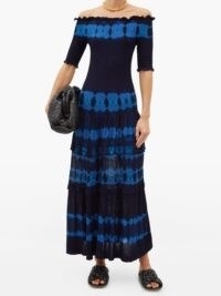 ALTUZARRA Ayaka off-the-shoulder shirred dyed dress in navy ~ longline bardot dresses ~ hems with swish