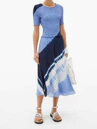 ALTUZARRA Ayumi shirred shibori-dyed silk midi dress in light blue ~ smocked bodice dresses ~ split detail fit and flare