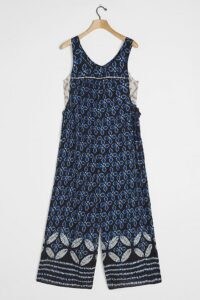 ANTHROPOLOGIE Camelia Wide-Leg Jumpsuit Navy | printed sleeveless jumpsuits