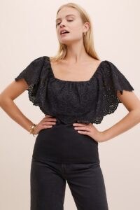 ANTHROPOLOGIE Casandra Broderie Top Black / floral lace cut outs / bardot tops