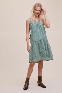 ANTHROPOLOGIE Aida Embroidered Mini Dress Green Motif / tasseled side tie dresses