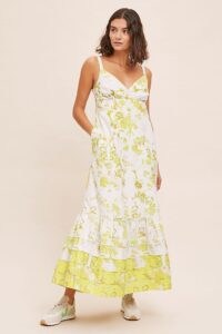 Solenne Flounced Maxi Dress Yellow Motif / long floral dresses / tiered hemline