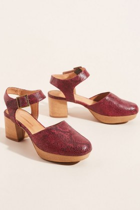 ANTHROPOLOGIE Romy Platform Heels Wine / wooden heels / snake print ankle strap shoes