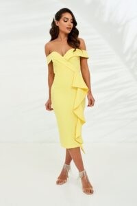 LAVISH ALICE bardot midi dress with waterfall ruffle in yellow – off the shoulder party dresses