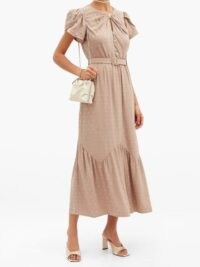 SELF-PORTRAIT Belted crystal-embellished crepe midi dress in beige ~ vintage look dresses ~ ladylike clothing