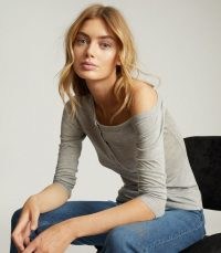 REISS BEXLEY OFF-THE-SHOULDER JERSEY TOP GREY ~ casual tops ~ weekend wear