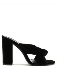 SAINT LAURENT Bianca knotted velvet mules in black ~ luxe block heel mule ~ knot detail slip on sandals