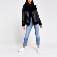 RIVER ISLAND Black belted shearling jacket ~ faux fur trimmed jackets