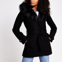 RIVER ISLAND Black Belted Short Fur Hood Robe – tie waist jacket