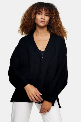 Topshop Black Brushed Ribbed Midi Cardigan | front button drop shoulder cardigans | side split cardi | fashionable knitwear