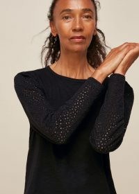 WHISTLES LONG SLEEVE BRODERIE TOP BLACK